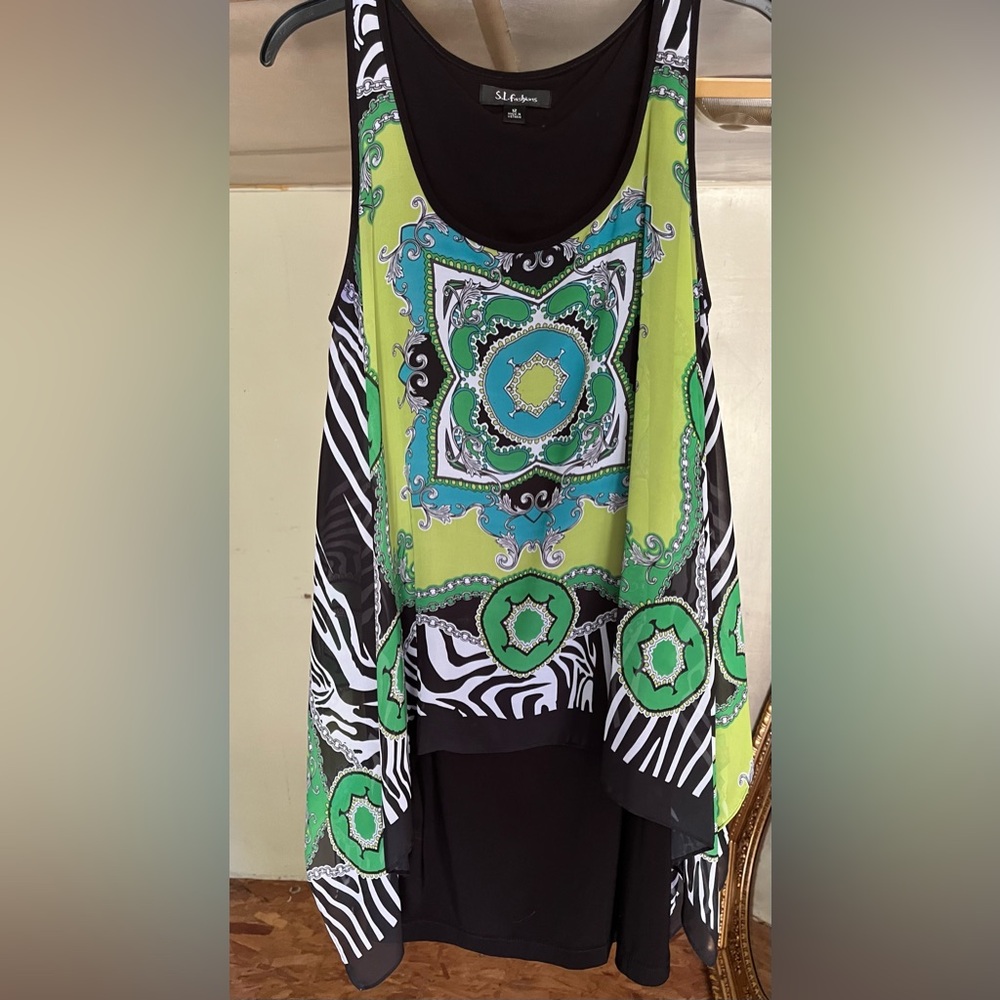 S L Fashions Sleeveless Black Dress Size 12 Womens Green Asymmetrical Overlay